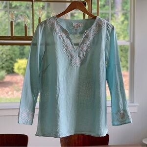 Vineyard Vines Linen Blend Tunic Top Embroidered Neckline & Sleeve